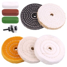 Mardatt 9pcs 4'' Buffing Polishing Wheels Set Including Yellow(36Ply)/White(50Ply)/ Flannel(30Ply)/ Denim/Sisal Wheel with 1/2" Arbor Hole 3pcs Compound and 1/4" Handle for Polishing