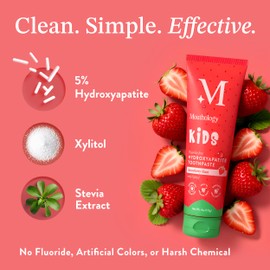 Mouthology Hydroxyapatite Kids Toothpaste Fluoride Free with Xylitol, Non Toxic Fluoride Free Toothpaste for Kids, All Ages (1-3), (3-6) & (6-12) Strawberry, 4oz
