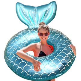 Pukitt Fishtail Inflatable Swimming Rings for Adults, Pool Ring Inflatable, Transparent Rubber with Sequin, Adults Diameter 100Cm, Large Ring, Floating Blue