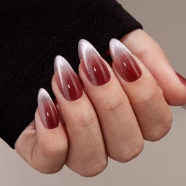 VSALON Press on Nails Medium Almond - French Tip Cat Eye Glitter Ombre Fall Nails Kit for Woman, Christmas Reusable Semi-Transparent Gel Glue on Nails with Glue & Cuticle Oil - 32 PCS in 16 Sizes