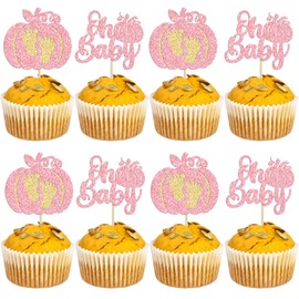 24 piezas de decoración de calabaza, diseño de calabaza, diseño de calabaza, con purpurina rosa, para decoración de tartas de baby shower, temática de calabaza, revelación de género, suministros de fiesta de cumpleaños para niños