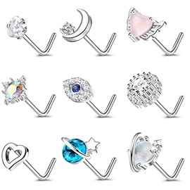 ZS 9pcs 20G Nose Rings Stud L Shape Nose Piercings, Evil Eye Butterfly Nose Studs Nostril Rings Set, Stainless Steel Flower L Nose Jewelry for Women (B)