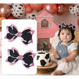 2Pcs Cow Print Hair Bow Clips - Pink Glitter Handmade Satin Bowknot Cute Alligator Hair Barrettes New Year Party Hair Accessories for Toddler Teen Girls Kids(Pink-Cow)