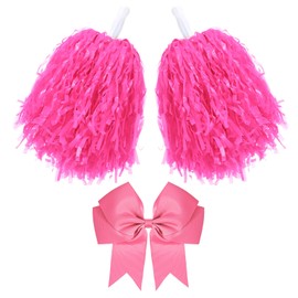 Hotop 3 Pcs 10 in Cheerleading Pom Poms and Large Cheerleader Hair Bow for Girl Cheer Pompoms Cheerleading Accessories for Sport Events Dance Party Basketball Football Team (Pink,Classic)