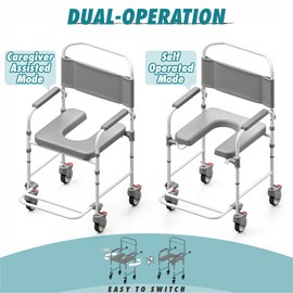 Littneo Bedside Commode with Wheels, Shower Wheelchair with 300 LBS Weight Capacity, Portable Toilet with Bucket for Elderly and Disabled