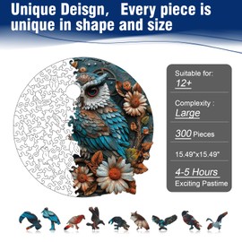 Wooden Owl Puzzle, 300 Pieces Unique Shaped Wood Puzzles, Hard Impossible Puzzles, Wooden Jigsaw Puzzle for Adults and Kids, Family Games Challenge Puzzle, Brain Games 15.49" x 15.49"