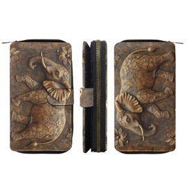 COEQINE Black Wallet For Women Long Leather Small Black Wallets for Woman Trifold Elephant Around Zipper Card Holder Phone Purse Clutch Bag for Travel Work, Design Relief Style