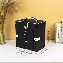 KAMIER Jewelry Box for Women, 6-Layer Large Jewelry Organizer Box with Mirror & 5 Drawers for Rings, Earrings, Necklaces, Bracelets,Black