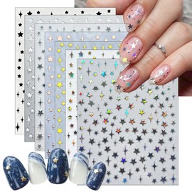 7Sheets Star Nail Art Stickers Decals 3D Self-Adhesive Shiny Black White Rose Gold Stars Nail Decals Holographic Laser Gold Silver Glitter Star Nail Design for Acrylic Manicure DIY Women Nail Decor