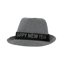 Folat 04471 Trilby Hat Lurex Silver New Year's Eve Decoration, New Year Party, Hat Band with Lettering Happy New Year, Happy New Year