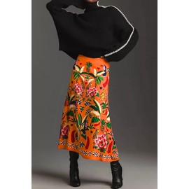 THLAI Womens Skirt Midi Skirt Tropical Plant Print Pink Zipper A-Line Long Skirts Spring Summer Skirt Floral