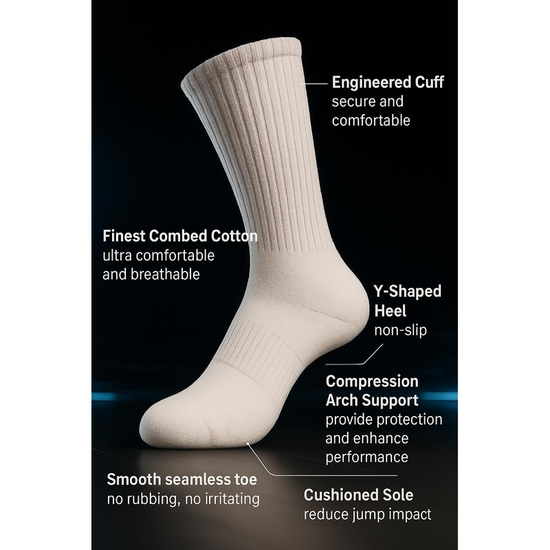 Laulax 3 Pairs Elite Performance Cushion Crew Basketball Training White