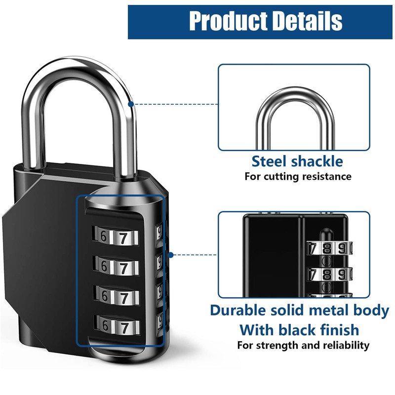 Combination Padlock, 2 Pcs 4 Digit Resettable Security Padlock, Outdoor