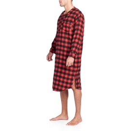 Ashford & Brooks Mens Flannel Plaid Long Sleep Shirt Henley Nightshirt, Red Check, 2X-Large