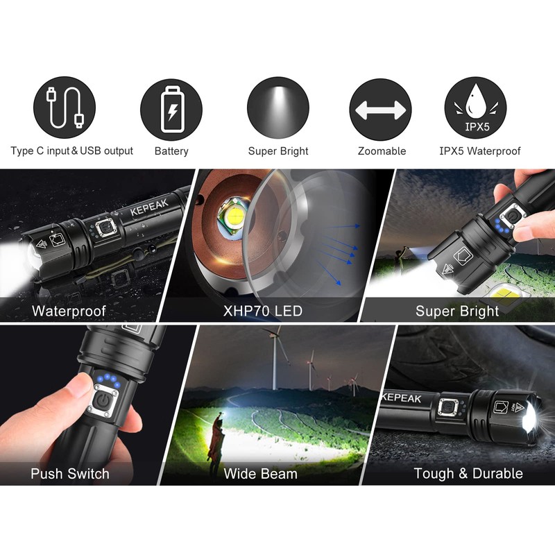 KEPEAK Flash Light, 5 Modes Rechargeable Flashlights, Super Bright LED