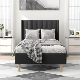 alazyhome Upholstered Platform Twin Size Bed Frame with Headboard Wooden Slats Support No Noise Easy Assembly Black Linen