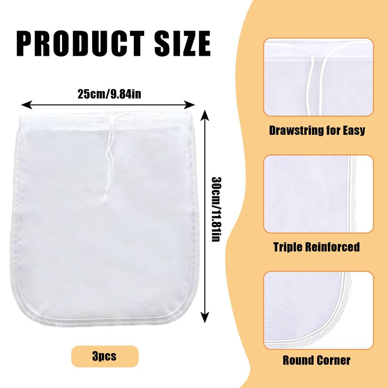 Nut Milk Bag Reusable 3 PCS 12" x 10" Food