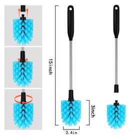 Stainless Steel Long Handled Water Bottle Brush, Multi-Purpose Water Bottle Brush, Soft Water Bottle Brush, Glassware Brush, Water Bottle Cleaner with Removable Brush Head，2Pack 15 in.