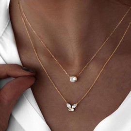 Inateannal Vintage Layered Crystal Butterfly Necklace Silver Cz Butterfly Pendant Necklace Rhinestone Butterfly Choker Necklace Cz Rhinestone Chain Earrings Jewelry for Women and Girls