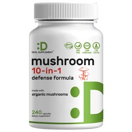 Organic Mushroom Supplement, 8,000mg Per Serving, 240 Veggie Capsules  10 in 1 Defense Formula  Turkey Tail, Lions Mane, Cordyceps, Chaga,  More
