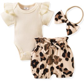 6-12 Months Infant Baby Girls Clothes Ribbed Cheetah Short Sleeve Bodysuit Bloomer Shorts Summer Outfits Leopard Apricot