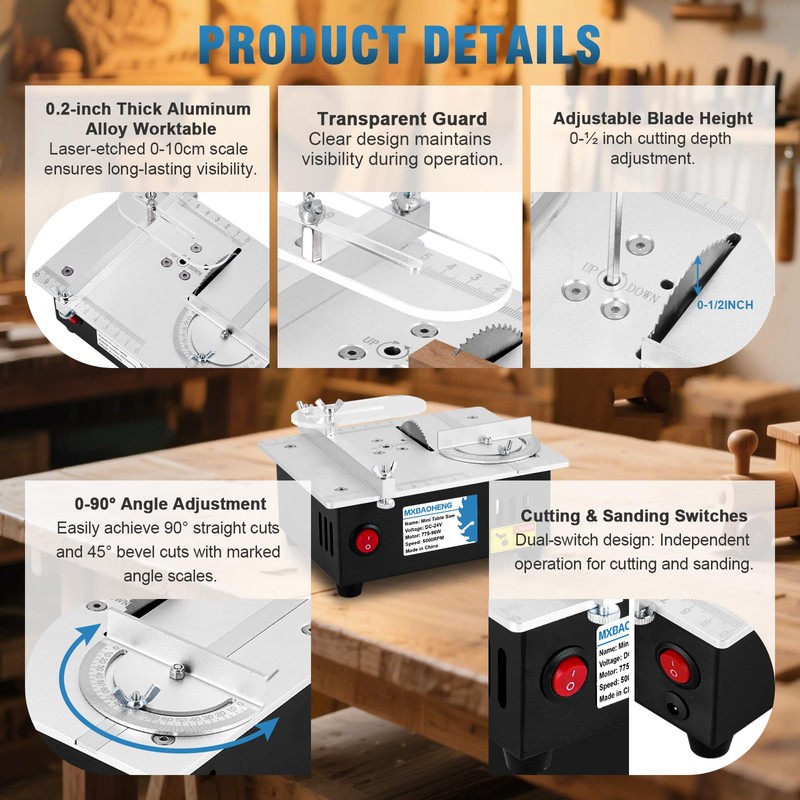 MXBAOHENG Updated Mini Multifunctional Table Saw with Cutting & Sanding