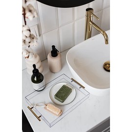 12"x12" Clear Acrylic Serving Tray with Golden Handles, Sturdy Huge Capacity Acrylic Tray for Coffee, Juice, Kitchen and Desk Organizer, Storage Tray (12"x12")