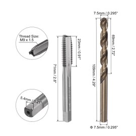 sourcing map Tip & Bit Sets, M9 x 1.5 H2 Straight Flute Machine Tap, 7.5 mm M35 Cobalt High Speed Steel (HSS-CO) Twist Drill