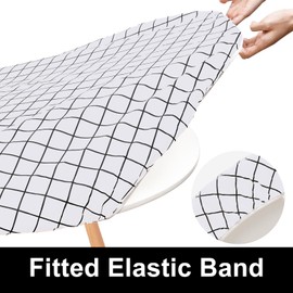 Spotjoy Round Table Cloth Cover, Elastic Fitted Flannel Backed Plastic Table Covers for 45" - 56" Tables, Waterproof Vinyl Tablecloths for Picnic, Camping, Indoor and Outdoor, White