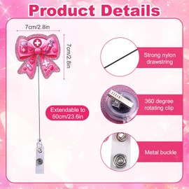 Pink Bow Badge Reel, Acrylic Nurse Badge Reel Retractable Alligator Clip Cute Bow ID Card Holder for Nurse Hospital Worker Student Teacher Worker