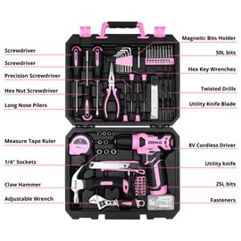 DEKOPRO Drill Set, Home Tool Set with 8V Pink Cordless Drill, Hand Tool Kit for Women, 126 pcs