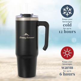 Tommy Bahama Vacuum Insulated Water Bottle with Straw - Double-Wall Stainless Steel, BPA Free, Keep Drinks Warm for 6 Hours or Cold for 12 Hours - Black, 30oz