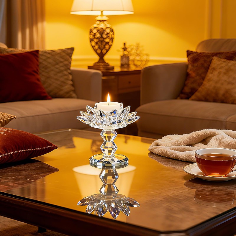 Xisakaca Crystal Lotus Flower Candle Holder, Votive Tealight Candlestick Stand
