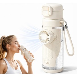 CRILEAL 2-in-1 Water Bottle with Foldable Fan, 690ml Portable Cooling Cup with Straw, 3-Speed USB-C Rechargeable Built-In Fan Bottle for Travel, Hiking, Beach and Summer Outdoor Use, White