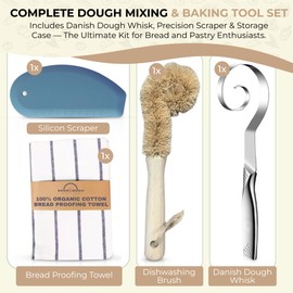 Sourdough whisper essential Tools Set with seamless Danish dough whisk, blue silicon Scraper, organic cotton proofing towel and wood brush