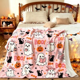 Halloween Pink Ghost Blanket Throw, Pumpkin Black Cat Throw Decor