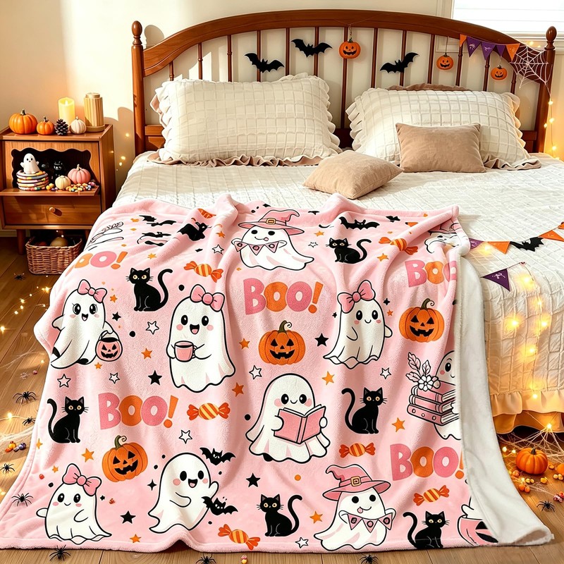 Halloween Pink Ghost Blanket Throw, Pumpkin Black Cat Throw Decor