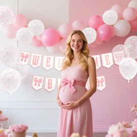 JeVenis Bow Welcome Baby Decorations Pink Bow Baby Shower Decor Welcome Baby Girl Decor Bow Banner Pink and White BallonGirls Gender Reveal Party Photo Prop