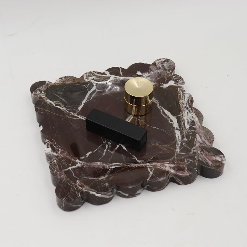 Kesoniku Square Marble Decorative Tray with Scalloped Edge, Luxury Natural
