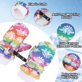 QKURT Kids Ski Mittens, Waterproof Winter Warm Snow Gloves, Cute Cartoon Dinosaur Gloves, Thick Fleece Lining Thermal Mittens Snowboard Skating Mittens for Boys Girls Aged 0-8