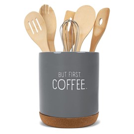 Elanze Designs But First Coffee Grey X-Large Cork Bottom Kitchen Utensil Holder