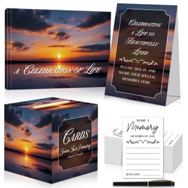 Sunset Funeral Guest Book Set Elegant All-in-One Memorial Guestbook 80 Pages Guest Book for Funeral and Memorial Service Hardcover Register Book with Pen Memory Cards Sign Collection Box Table Sign