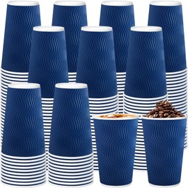 RXLWYUNLAE 120 Pack Paper Coffee Cups, 16 oz Disposable Paper Cups,Corrugated Insulated Ripple Wall, Paper Ripple Cups for Coffee, Hot Chocolate and Hot Tea Drinks - Navy