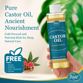 Baar Cold-Pressed Castor Oil, Cold-Processed, Hexane-Free, Palma Christi, for Skin, Hair, Massage & Castor Oil Packs, BPA-Free Bottle, 8 oz.