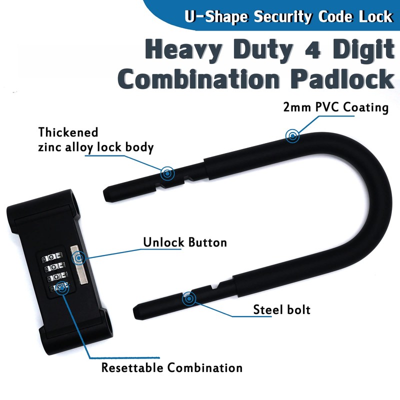 4 Digit Combination Padlock, Heavy Duty Anti Theft U-Shape Security