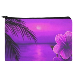 Beach Sunset Hibiscus Flower Hawaiian Purple Makeup Cosmetic Bag Organizer Pouch