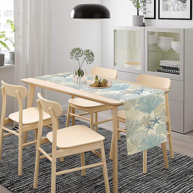 Blue Teal Coral Table Runners, Summer Beach Starfish Coastal Coffee