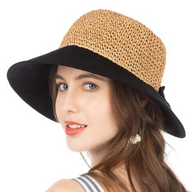 [NC] Straw Hat, Women's, Spring and Summer, Sun Hat, UV Protection, UV Protection, Wide Brim, Stylish, Small Face Effect, Velcro Adjustment, Black