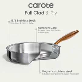 CAROTE 10" Tri-Ply Stainless Steel Deep Frying Pan with Lid, Non-Toxic Saute Pan, Oven Safe, Induction, Ceramic and Gas Cooktops Compatible, Silver