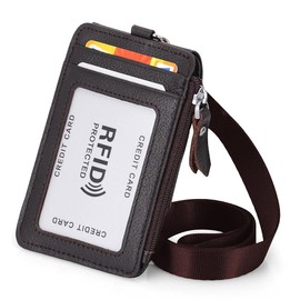 HAWEE Men's ID Card Holder, Card Case, Name Holder, Zipper, Genuine Leather, RFID, Employee ID, Name Tag, Commuter Holder, Coin Purse, Wallet, Pass Case, Neck Hanging, Swivel Hook, coffee